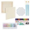 18-Piece 8x8-Inch Wooden Canvas Painting Set, 2 Natural Wood Panel Paint Boards with 12 Acrylic Paint Tubes, 3 Brushes, and 1 Plastic Palette for Crafting and Art Supplies view 1