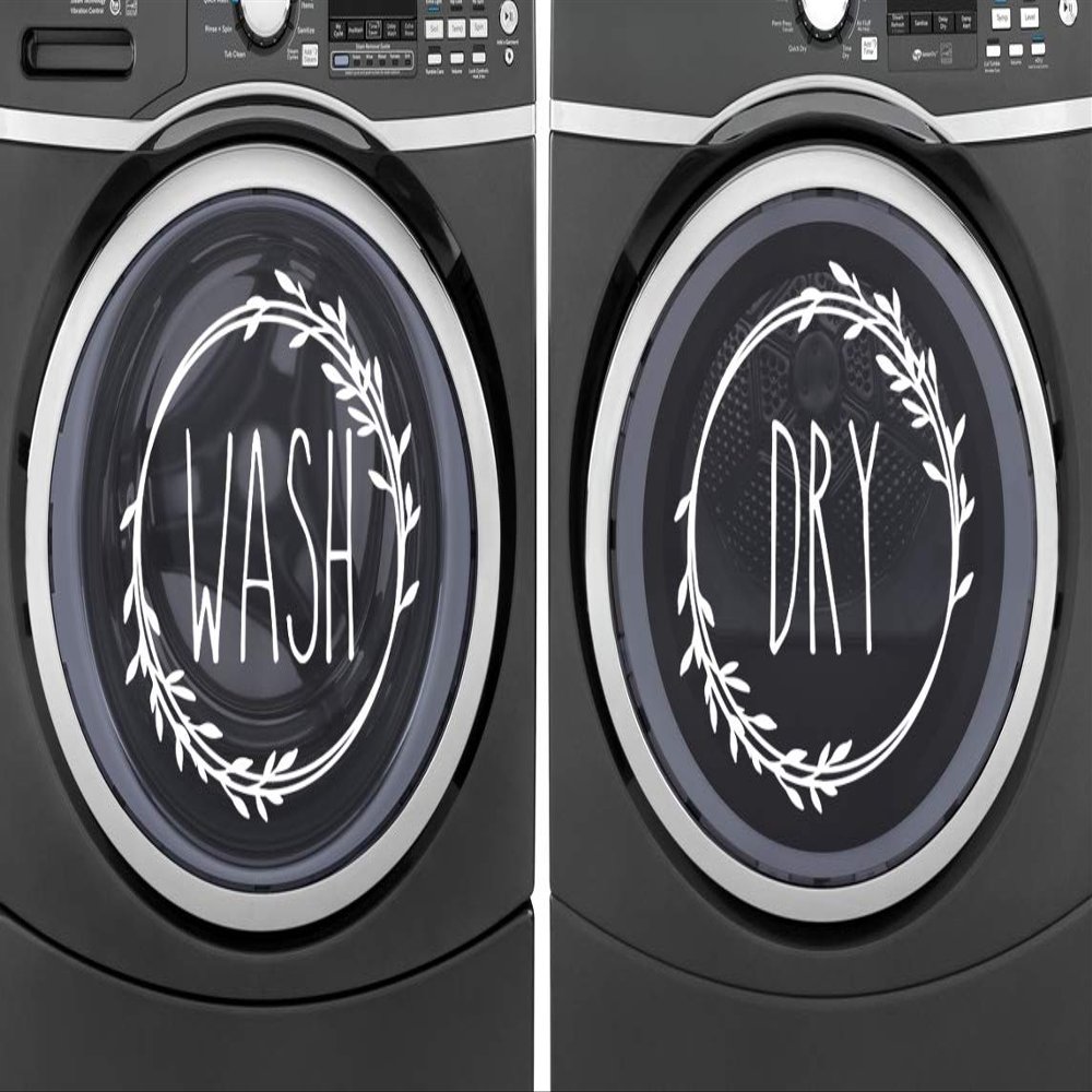 Grey - Wash Dry Wreath Vinyl Decals - Skinny Farmhouse Washer Dryer Laundry Room Decor - Die Cut Stickers - Each 12w x 12h inches