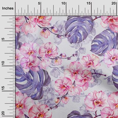 oneOone Viscose Jersey Light Grayish Blue Fabric Leaves & Flower Floral Dress Material Fabric Print Fabric By The Yard 60 Inch Wide