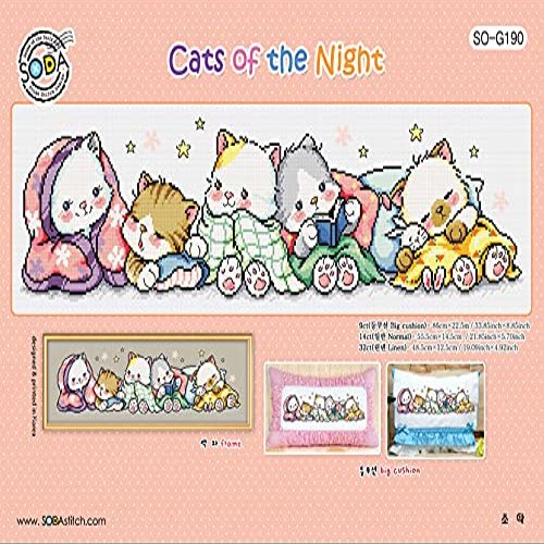 SO-G190 Cats of The Night, SODA Cross Stitch Pattern Leaflet, Authentic Korean Cross Stitch Design, Cross Stitch Pattern Chart, Color Printed on Coated Paper
