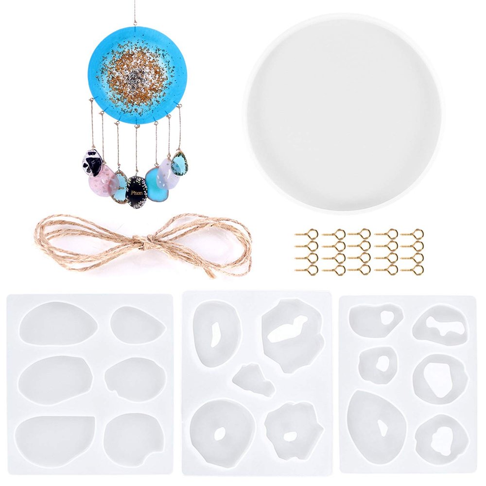 4 pcs Resin Molds Silicone Mold for Epoxy Resin Resin DIY Resin Casting Molds Kit Can be Used to Make Wind Chimes, Trays, Necklaces, Keychains, Coaster,Etc (MJ-1FL)