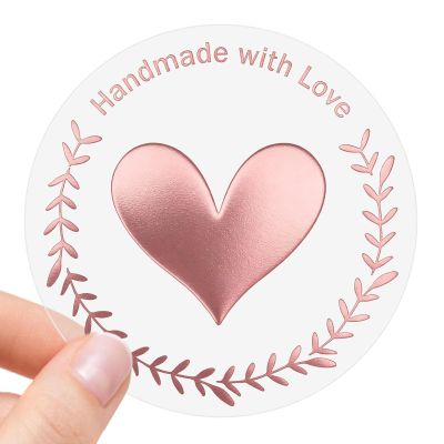 100 PCS Handmade with Love Stickers, Clear Rose Gold Foil Heart Labels for Small Business Packaging, Baking, Gift Wrapping, Envelopes, Favor Bags & Dessert Treat Bags, 1.6 Inch