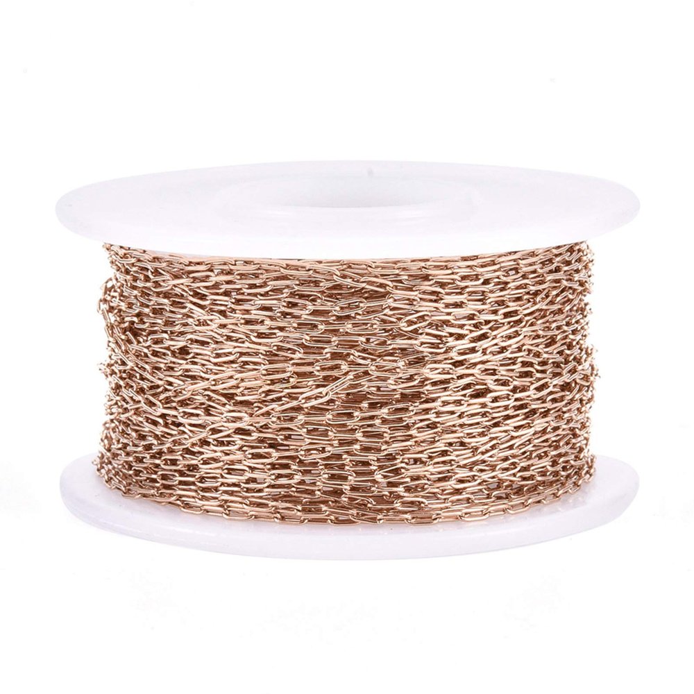 Craftdady 32 Feet Rose Gold Paperclip Link Chains Stainless Steel Oval Cable Cross Chains Drawn Elongated Cable Chains 3x1.5mm with Spool for DIY Necklace Bracelet Jewelry Crafts Making