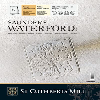 ST CUTHBERTS Mill Saunders Waterford, Fine Art Watercolor Paper, Cold Pressed (NO), 300gsm, 4-Sided Glued Pad, 12x16, Deep White, 20 Sheets