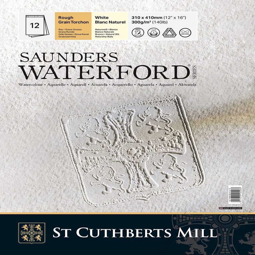 ST CUTHBERTS Mill Saunders Waterford, Fine Art Watercolor Paper, Cold Pressed (NO), 300gsm, 4-Sided Glued Pad, 12x16, Deep White, 20 Sheets