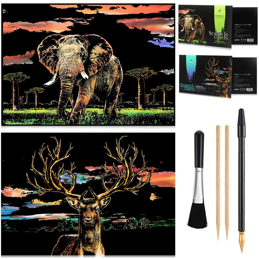 2 PACK Animal scratch art rainbow painting paper, Engraving Art & Craft Sets, Creative foil scratch art toys gift, DIY sketch card scratchboard for Kids & Adults - 16'' x 11.2'' (Elephant / Deer)