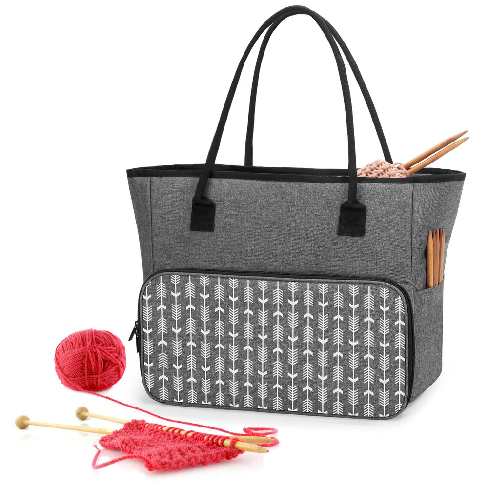 Yarwo Knitting Crochet Bag, Yarn Storage Tote Bag for WIP Projects, Yarn Skeins, Crochet Hooks and Knitting needles, Christmas & New Beginnings Gifts for Women, Gray with Arrow (Bag Only)
