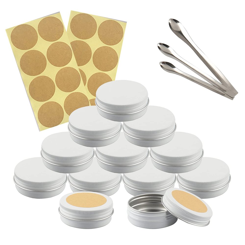 DLIBUY 100 Pcs 30ml 30g Empty Round White Aluminum Tin Jars with Screw Lids Cosmetics Lip Balm Containers Pots for DIY Candle Salve Powder Crafts Storage Cans 3x Alu Spoon, 100x 3.5cm Labels