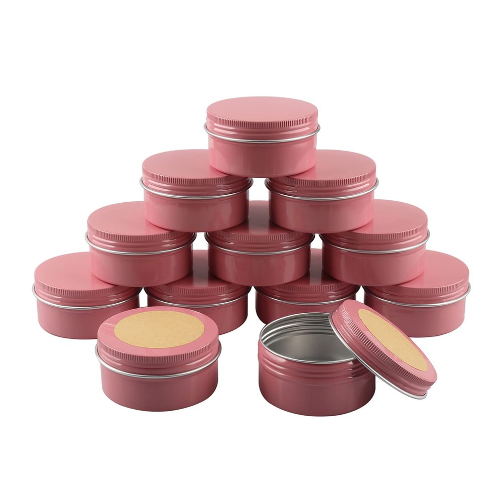 DLIBUY 100 Pcs 80ml 80g Empty Round Pink Aluminum Tin Jars with Screw Lids Cosmetics Lip Balm Containers Pots for DIY Candle Salve Powder Crafts Storage Cans 3x Alu Spoon, 100x 50cm Labels
