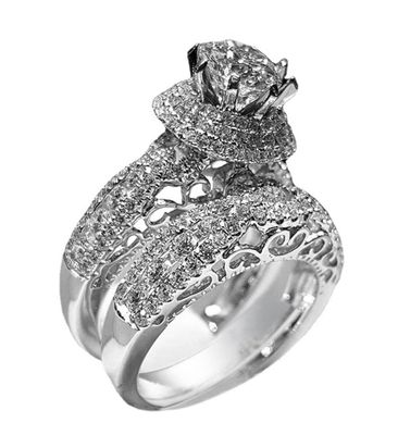 2 Pcs High Luxury Jewelry Fashion 925 Sterling Silver Shiny Full Diamond AAA Cubic Zirconia Solitaire Rings CZ Diamond Ring Set Eternity Engagement Wedding Band Set Women Hollow Cocktail Ring (10)