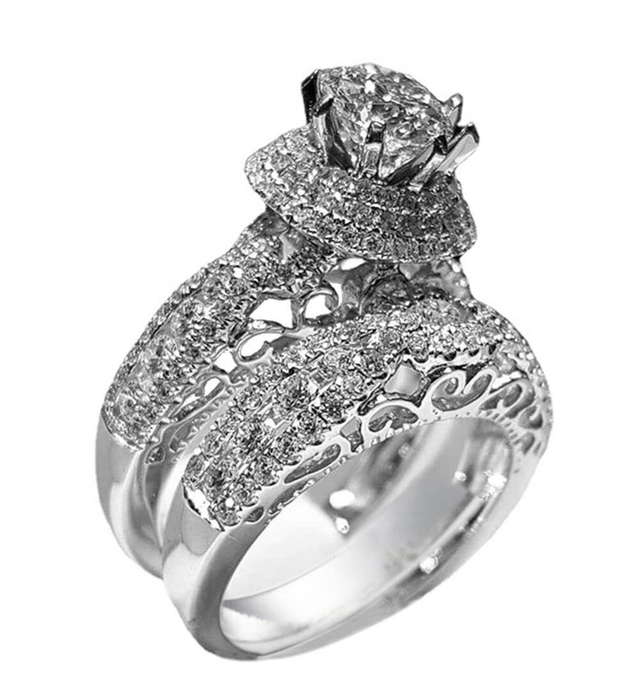 2 Pcs High Luxury Jewelry Fashion 925 Sterling Silver Shiny Full Diamond AAA Cubic Zirconia Solitaire Rings CZ Diamond Ring Set Eternity Engagement Wedding Band Set Women Hollow Cocktail Ring (10)