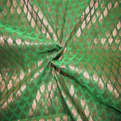 Semi Sheer Spun Silk Brocade Fabric Green & Metallic Gold 44" BRO184[4] by The Yard