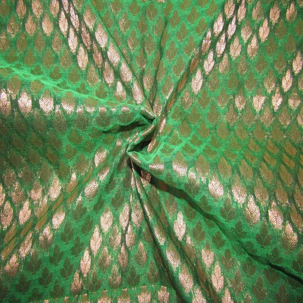 Semi Sheer Spun Silk Brocade Fabric Green & Metallic Gold 44" BRO184[4] by The Yard
