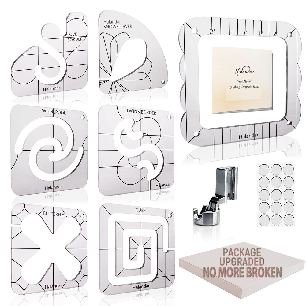 Halandar 6 Pcs Free Motion Quilting Template Series with 1 Quilting Frame 1 Ruler Foot 15 Non-Slip Mats 1 Instruction, 3mm Acrylic Templates for DIY Quilting Tool on Sewing Machine Ruler