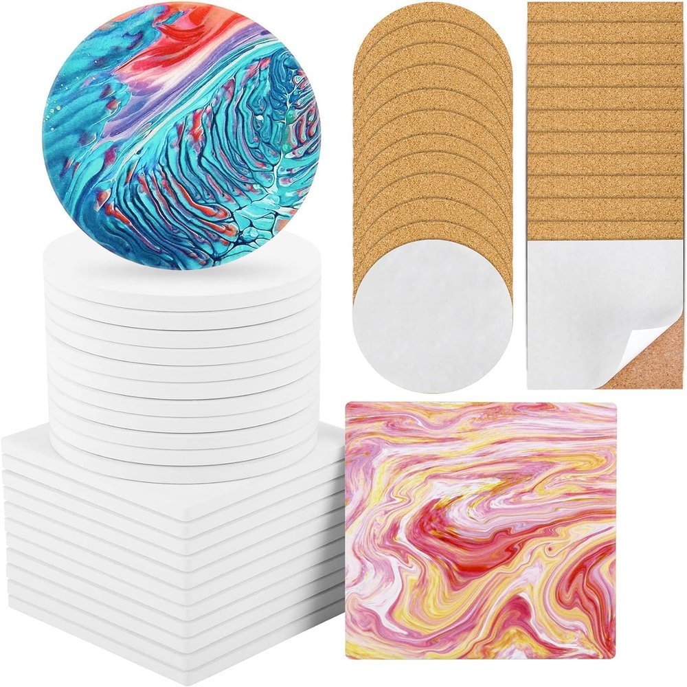 Ceramic Tile for Crafts Coasters, 24 Pack White Tiles Unglazed 4 Inch with 24 Pack Cork Backing Pads Includes Square and Round Ceramic Coasters for DIY Arts Craft Project Coasters