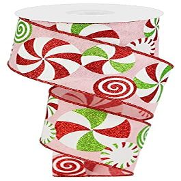 Craig Bachman 2.5" x 10yd Royal Burlap Wired Edge Ribbon, Glitter Peppermint Candy Pattern for Wreaths, Pink & Red Whimsical Christmas Decor for Bows, Tree Toppers & Garlands