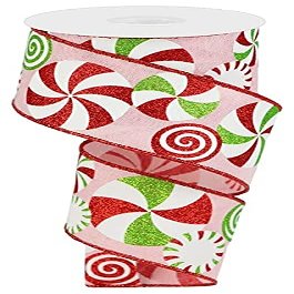 Craig Bachman 2.5" x 10yd Royal Burlap Wired Edge Ribbon, Glitter Peppermint Candy Pattern for Wreaths, Pink & Red Whimsical Christmas Decor for Bows, Tree Toppers & Garlands