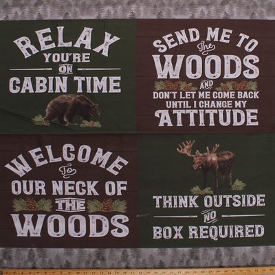 36" X 44" Panel Cabin Quotes Welcome to The Cabin Woods Forest Cottage Green Cotton Fabric Panel (D770.79)