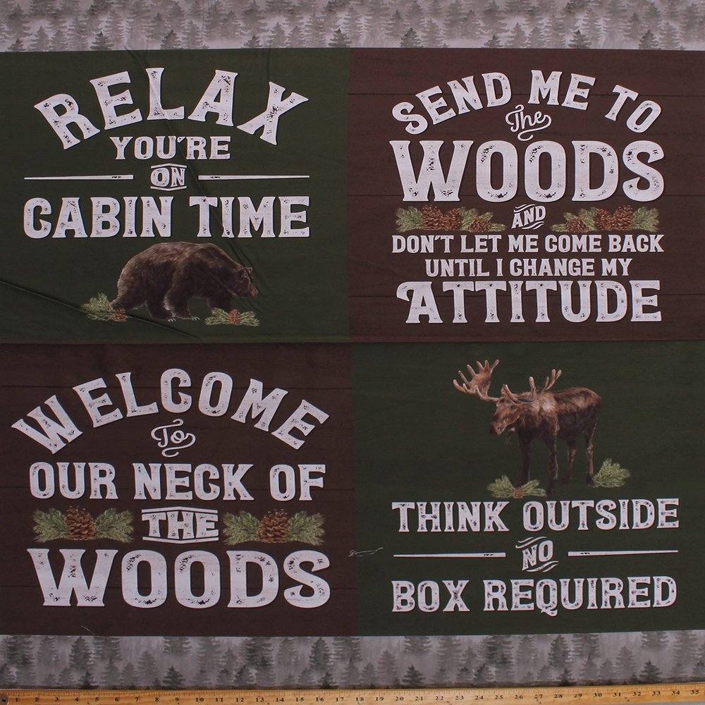 36" X 44" Panel Cabin Quotes Welcome to The Cabin Woods Forest Cottage Green Cotton Fabric Panel (D770.79)