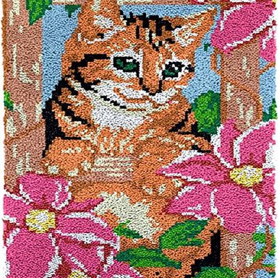 Cat with Flowers Rug Latch Hooking Kit (58x87cm)
