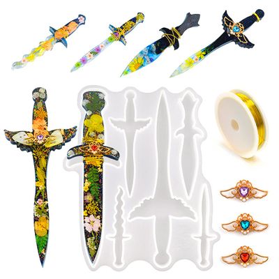 Koonafy Dagger Molds for Epoxy Resin Dagger Resin Molds Keychain with Golden Craft Wire and 6 Different Shape Jewelry Casting Silicone Mold for Cosplay Theatre Costumes Decorations