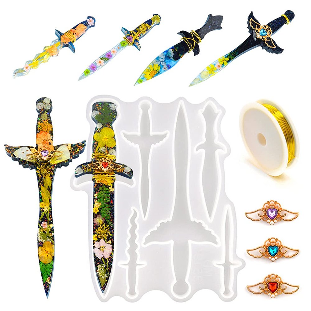 Koonafy Dagger Molds for Epoxy Resin Dagger Resin Molds Keychain with Golden Craft Wire and 6 Different Shape Jewelry Casting Silicone Mold for Cosplay Theatre Costumes Decorations