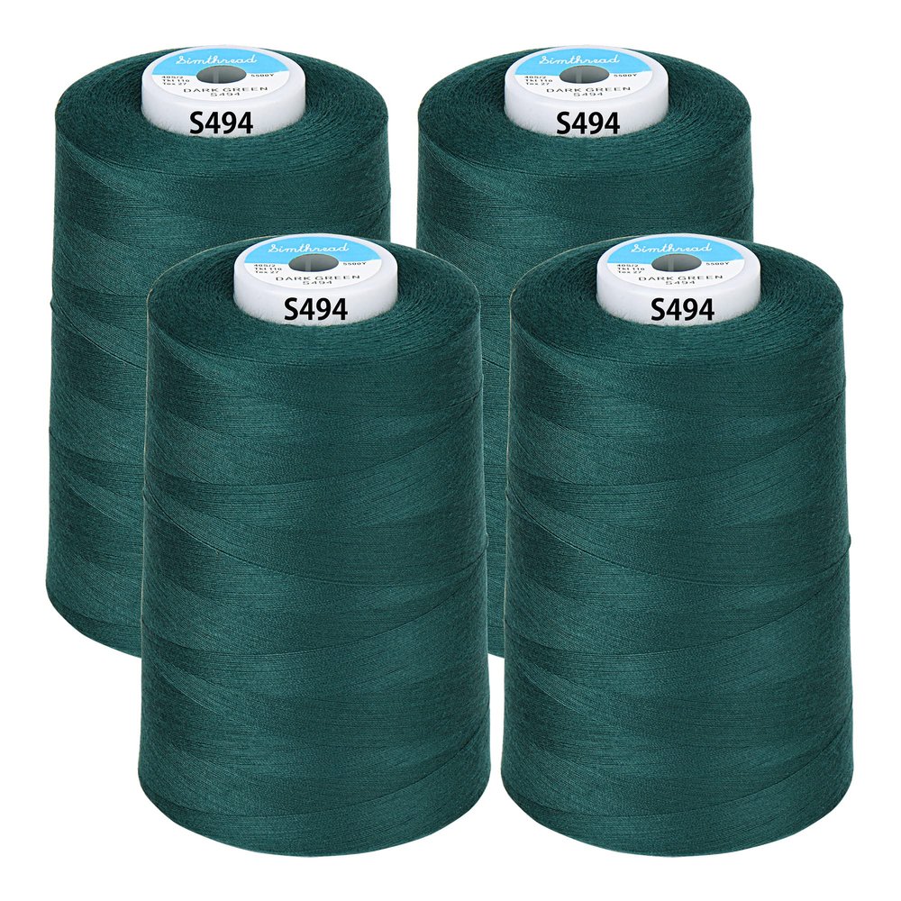 Simthread All Purpose Sewing Thread from 100% Spun Polyester for Serger, Overlock, Merrow, Quilting Sewing 4 Big Cones of 5000M (5500 Yards) Each - 40S/2 Dark Green