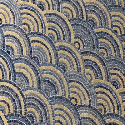 Rainbow Fan Art Deco Peacock Fan Damask Fabric - Furnishing, Curtains, Upholstery Material - 55" Wide - Blue & Mustard (Sold BY THE Yard)