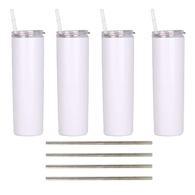 Ink Trendz 4 Pack Sublimation Blank Shimmer Skinny Straight Tumbler Stainless Steel 20 ounce Tumblers with Straws & Individually Boxed Polymer Sublimation Coating (Non-Shimmer/Gloss White, 4 Pack)