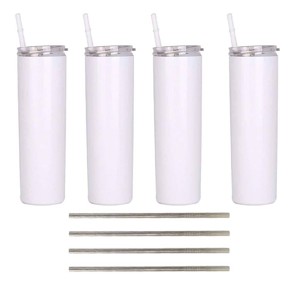 Ink Trendz 4 Pack Sublimation Blank Shimmer Skinny Straight Tumbler Stainless Steel 20 ounce Tumblers with Straws & Individually Boxed Polymer Sublimation Coating (Non-Shimmer/Gloss White, 4 Pack)