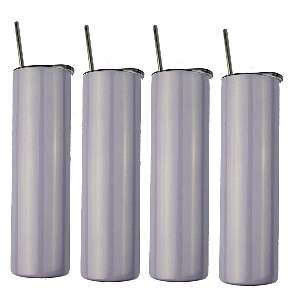 Ink Trendz 4 Pack Sublimation Blank Shimmer Skinny Straight Tumbler Stainless Steel 20 ounce Tumblers with Straws & Individually Boxed Polymer Sublimation Coating (Shimmer Purple, 4 Pack)