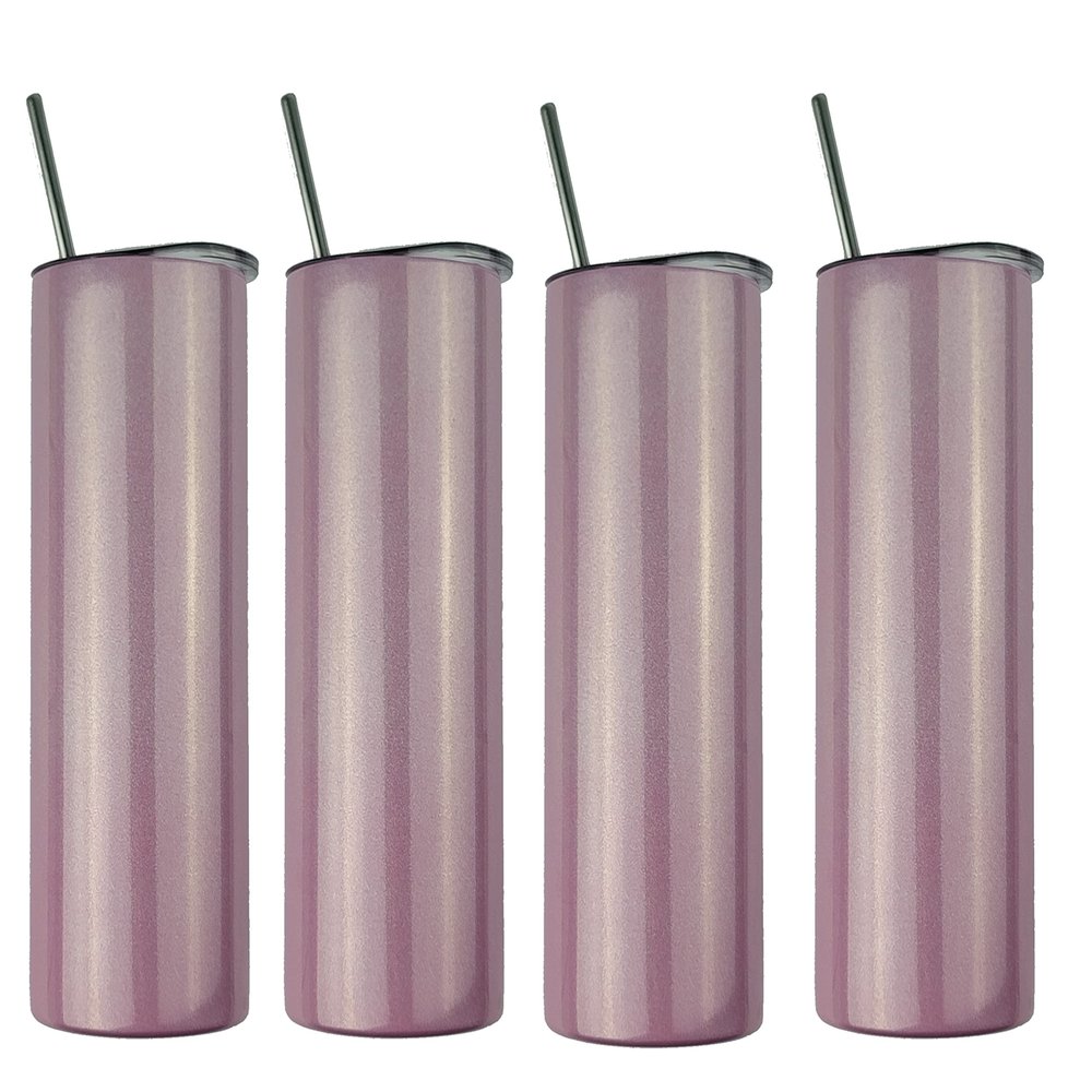 Ink Trendz 4 Pack Sublimation Blank Shimmer Skinny Straight Tumbler Stainless Steel 20 ounce Tumblers with Straws & Individually Boxed Polymer Sublimation Coating (Shimmer Pink, 4 Pack)