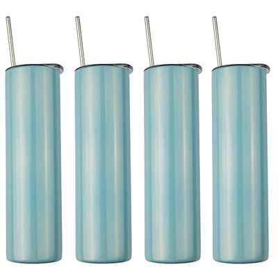 Ink Trendz 4 Pack Sublimation Blank Shimmer Skinny Straight Tumbler Stainless Steel 20 ounce Tumblers with Straws & Individually Boxed Polymer Sublimation Coating (Shimmer Mint, 4 Pack)