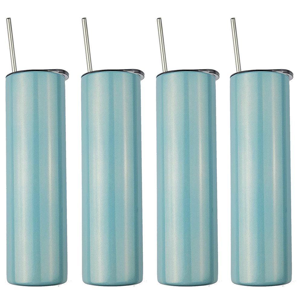 Ink Trendz 4 Pack Sublimation Blank Shimmer Skinny Straight Tumbler Stainless Steel 20 ounce Tumblers with Straws & Individually Boxed Polymer Sublimation Coating (Shimmer Mint, 4 Pack)