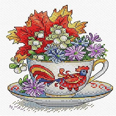 Autumn Cup Cross Stitch kit. Flowers Cross Stitch Pattern on Aida 14 Count Canvas. Beginner Cross Stitch by MP Studia. SM-604