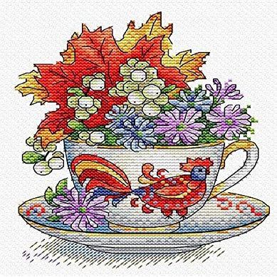 Autumn Cup Cross Stitch kit. Flowers Cross Stitch Pattern on Aida 14 Count Canvas. Beginner Cross Stitch by MP Studia. SM-604