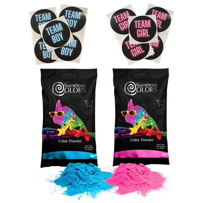 Chameleon Colors Gender Reveal Powder Kit, Includes Pink and Blue Color, 5 Team Girl and 5 Team Boy Stickers, 2 Lbs Color Powder