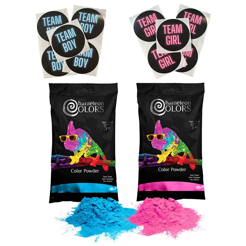 Chameleon Colors Gender Reveal Powder Kit, Includes Pink and Blue Color, 5 Team Girl and 5 Team Boy Stickers, 2 Lbs Color Powder