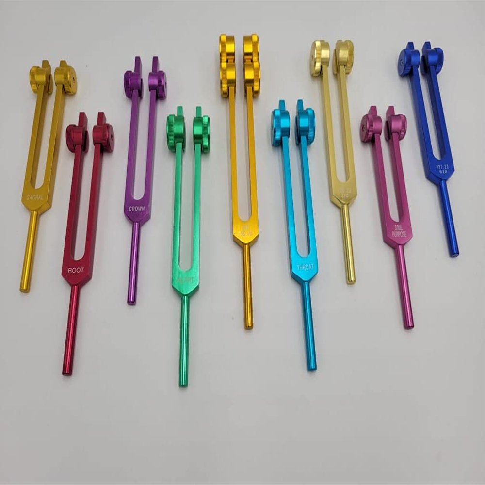 YANTRA 9 Chakra Weighted Cosmic Healing Color Coded Tuning Forks Includes Soul Purpose and Earth Star with Mallet and Bags