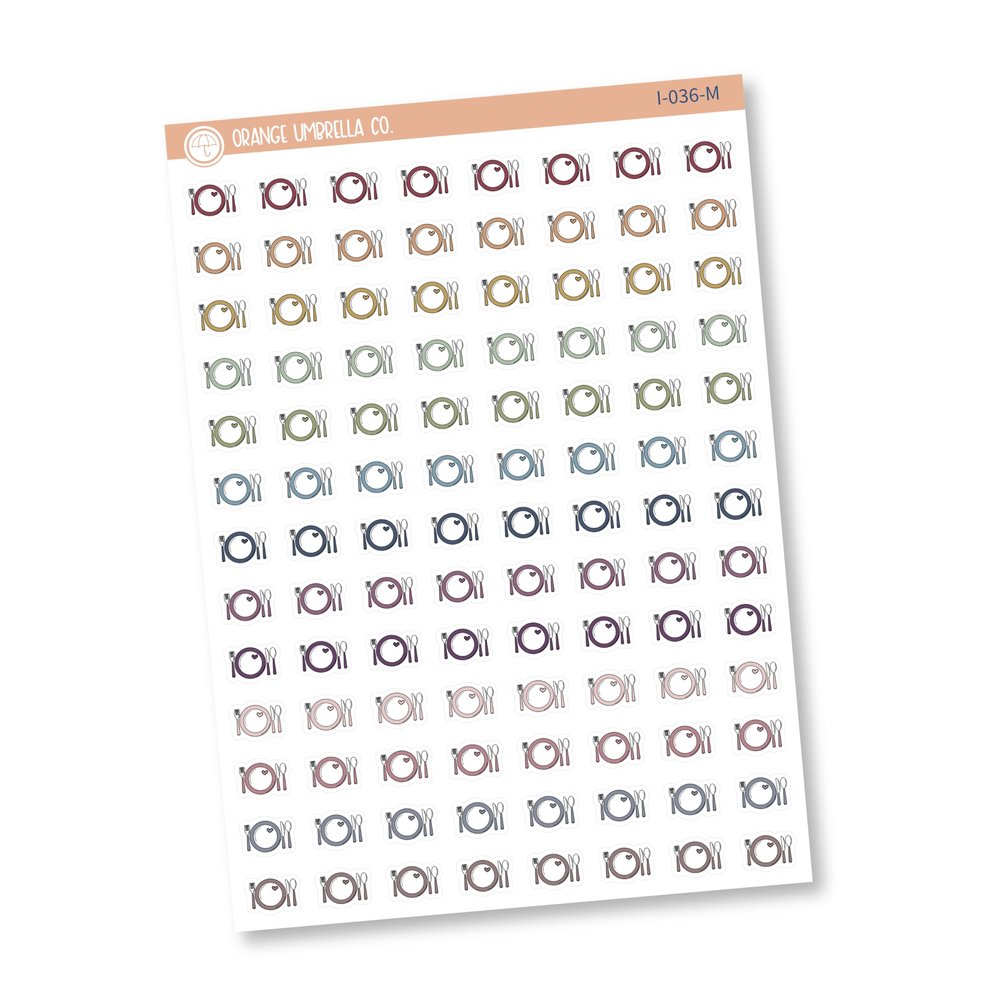 Plate Icon Planner Stickers, Plate and Utensils Icon Labels, Muted Rainbow Color Print Planning Stickers (I-036-M)