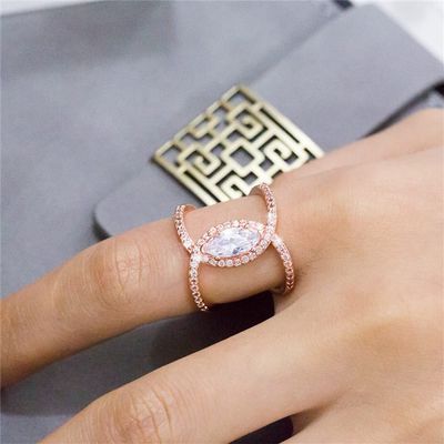 Fashion 925 Sterling Silver Womens Gemstone Ring Personality Double C-Shaped Horse Eye Zircon Ring 18K Rose Gold Eternal Engagement Wedding Ring for Women ST.174 (Rose, 6)