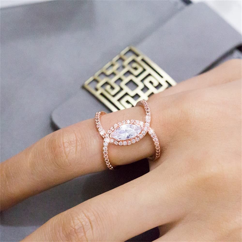 Fashion 925 Sterling Silver Womens Gemstone Ring Personality Double C-Shaped Horse Eye Zircon Ring 18K Rose Gold Eternal Engagement Wedding Ring for Women ST.174 (Rose, 6)