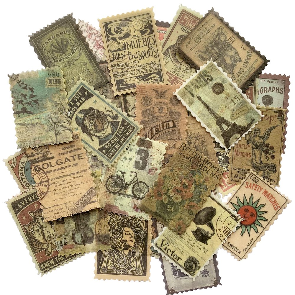 Cotrida 60pcs Vintage Postage Stamp Stickers, Aesthetic Modern Deco Paper Sticker for Scrapbooking, Journaling Supplies, Planners, Kid DIY Art Crafts