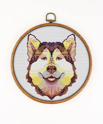 Siberian Husky K1255 Counted Cross Stitch KIT#3. Threads, Needles, Fabric, Embroidery Hoop and Printed Color Pattern Inside. Embroidery Pattern