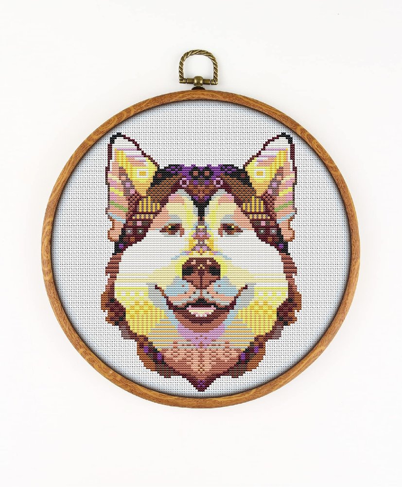 Siberian Husky K1255 Counted Cross Stitch KIT#3. Threads, Needles, Fabric, Embroidery Hoop and Printed Color Pattern Inside. Embroidery Pattern