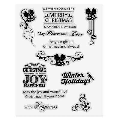 Christmas Greeting Words Clear Stamps for Card Making and Photo Album Decorations, Bell Snowflake Transparent Rubber Stamps Seal for Scrapbooking Supplies