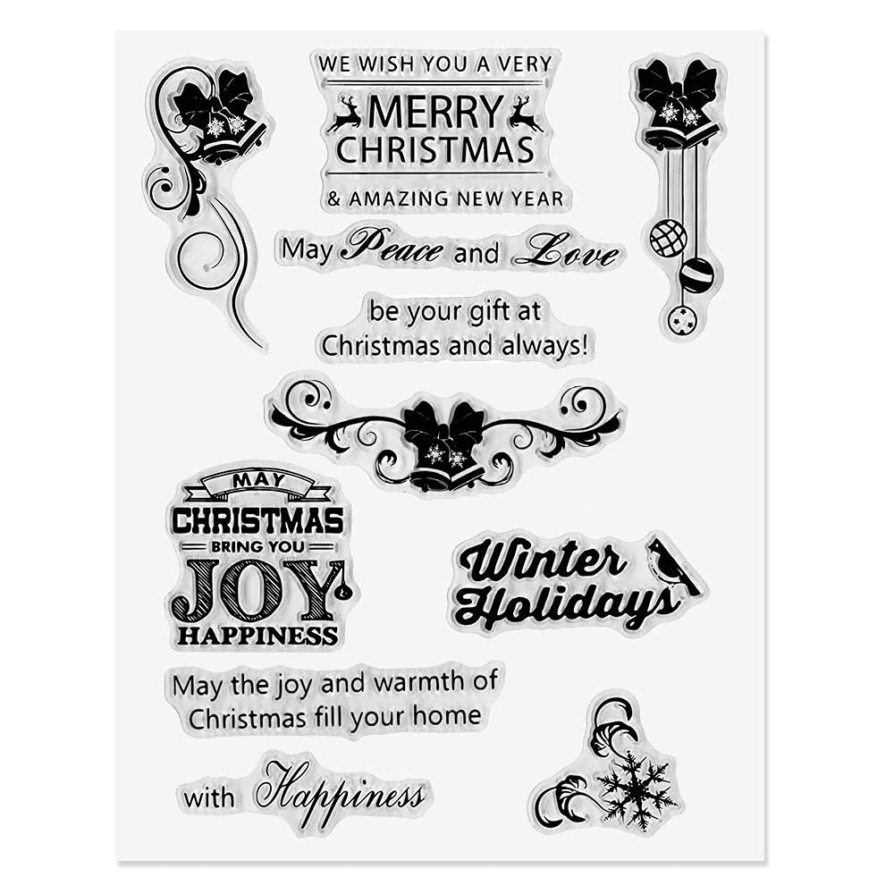 Christmas Greeting Words Clear Stamps for Card Making and Photo Album Decorations, Bell Snowflake Transparent Rubber Stamps Seal for Scrapbooking Supplies