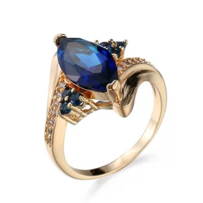 18K Gold Plated Shiny Half Full Diamond Marquise Cut Cubic Zirconia Sapphire Ring Red Garnet Gemstone Ring Eternity Engagement Wedding Band Ring for Women ST.208 (Yellow Gold/Blue Stone, 7)