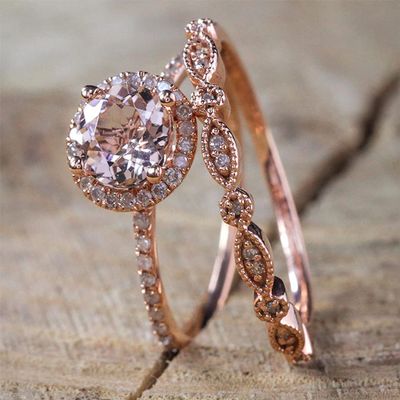 Koguxuix 18K Rose Gold Ring Set Pink Elegant Morganite CZ Crystal Gemstone Wedding Bridal Ring Set (6)