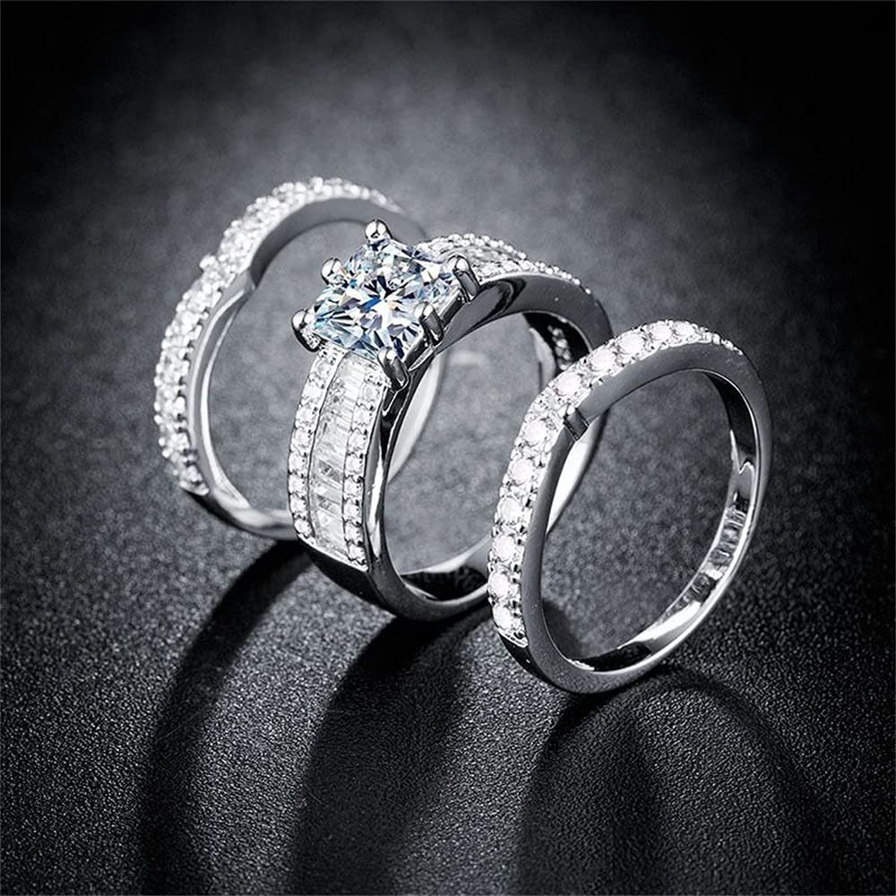 18K Rose Gold Shiny Full Diamond Ring Set AAA Square Cut Cubic Zirconia Eternity Band Rings CZ Diamond 3 Pcs Ring Set Wedding Engagement Anniversary Promise Rings Bridal Sets ST.233 (Silver, 7)